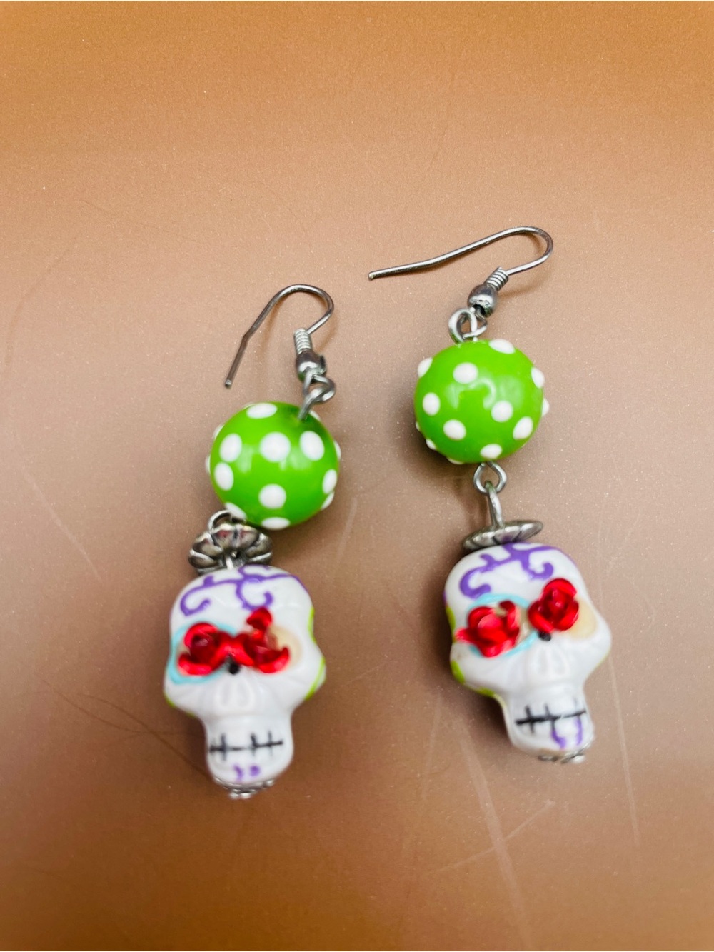 Green Polka Dot Sugar Skull Day of the Dead Dangle Earrings